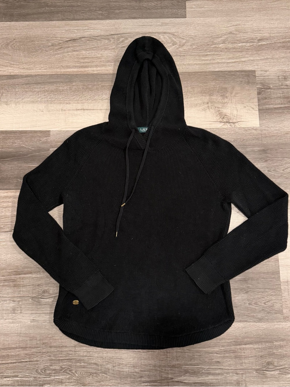 Lauren Ralph Lauren Women's Black Medium Hoodie Waffle Knit Sweater